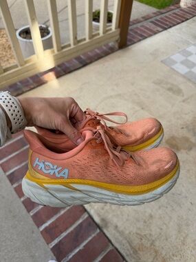 Hoka Peach and Yellow Women's Running Sneakers